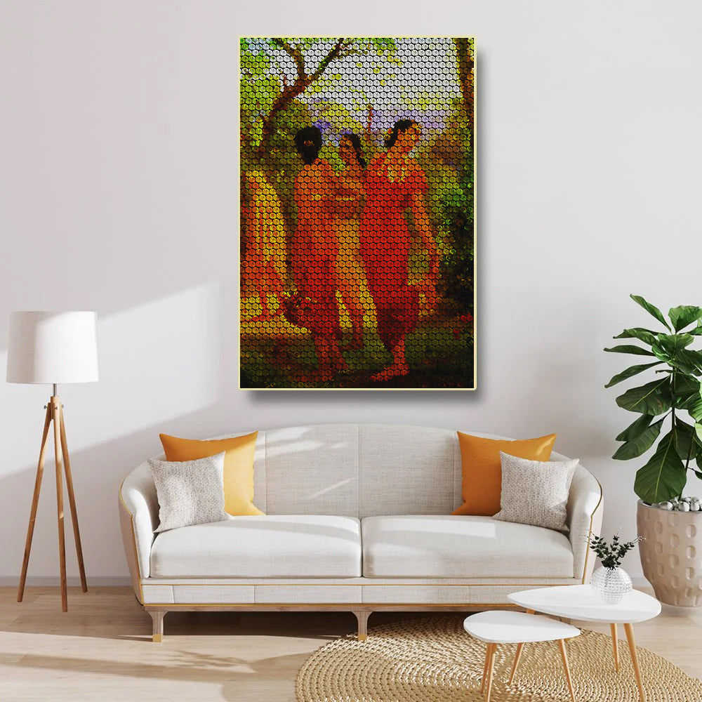 Colorful abstract painting of three figures on a wall above a white sofa with orange and yellow cushions.