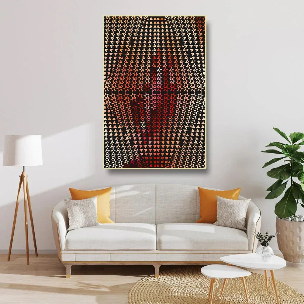 Living room with a white sofa, abstract art on the wall, and decorative elements.