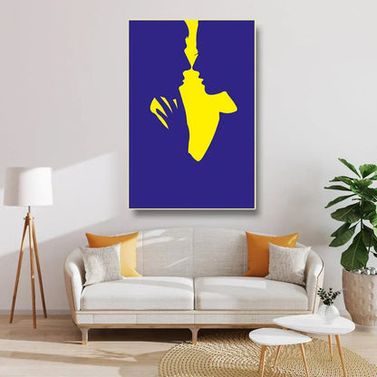 Modern living room with a white sofa, decorative pillows, and a blue and yellow abstract painting.