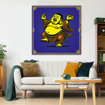 Living room with a white sofa, wooden coffee table, and a framed artwork of a laughing Buddha on the wall.