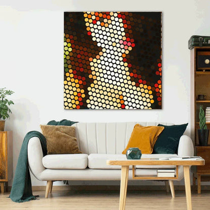 Living room with a colorful abstract painting on the wall above a white sofa.