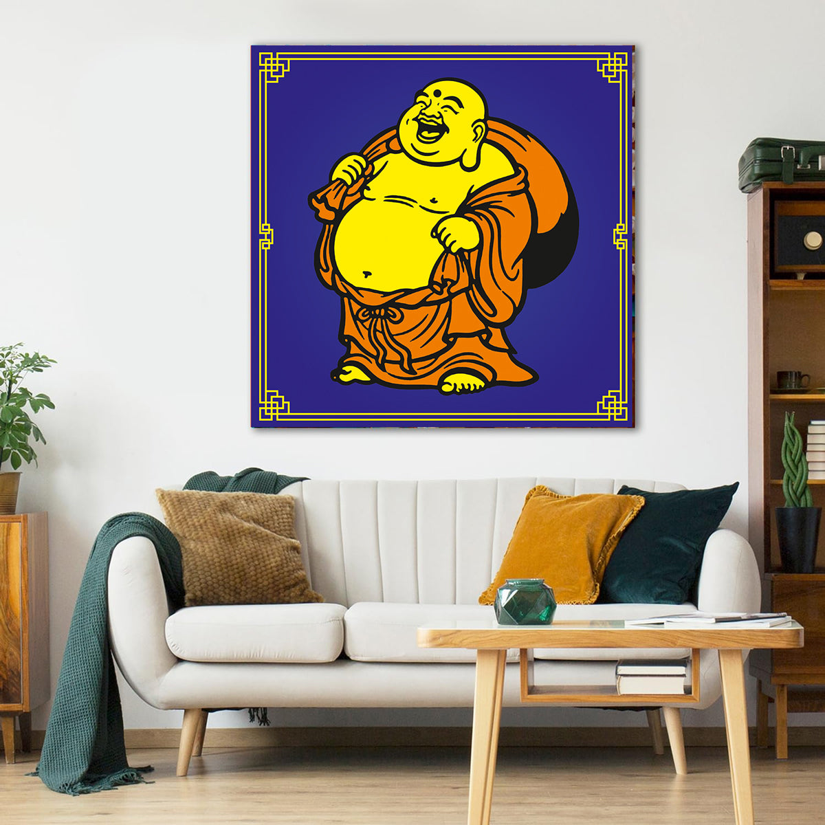 Living room with a large framed picture of a laughing Buddha on the wall.