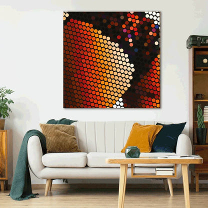 Living room with a colorful abstract painting on the wall above a white sofa.