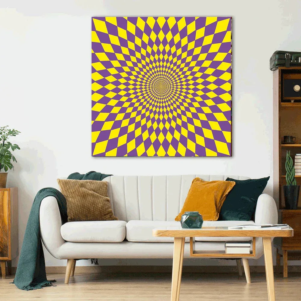 Living room with a white sofa, coffee table, and a large wall tapestry with a yellow and purple geometric pattern.