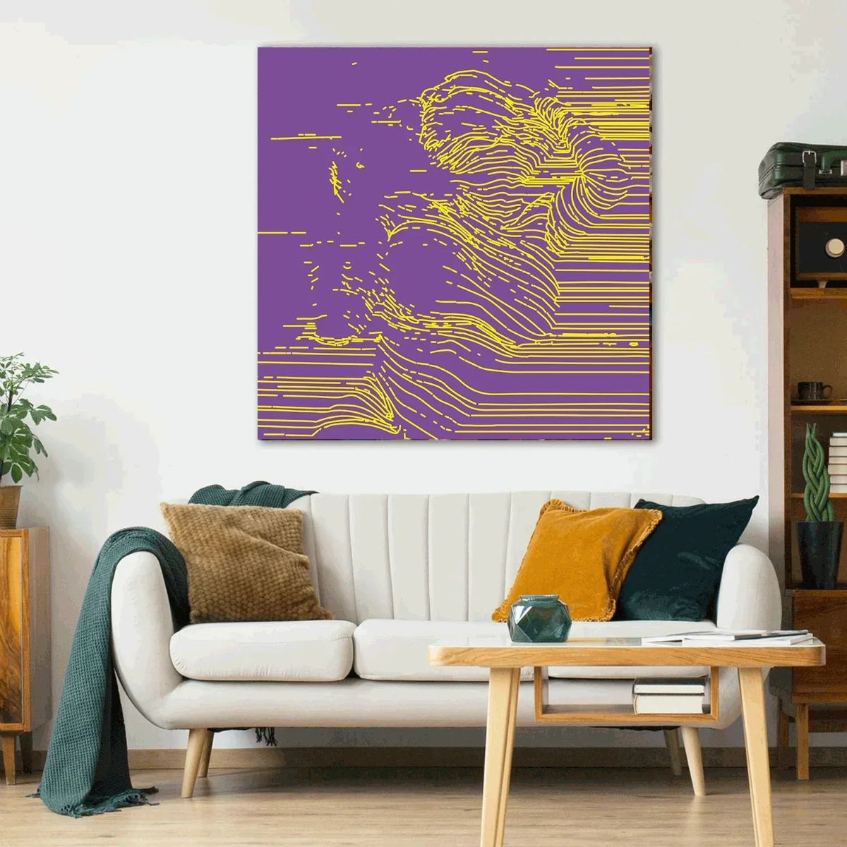 Living room with a white sofa, coffee table, and a large abstract painting on the wall.