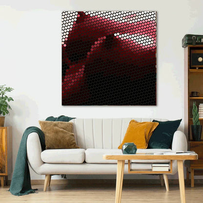 Modern living room with a white sofa, coffee table, and abstract wall art.