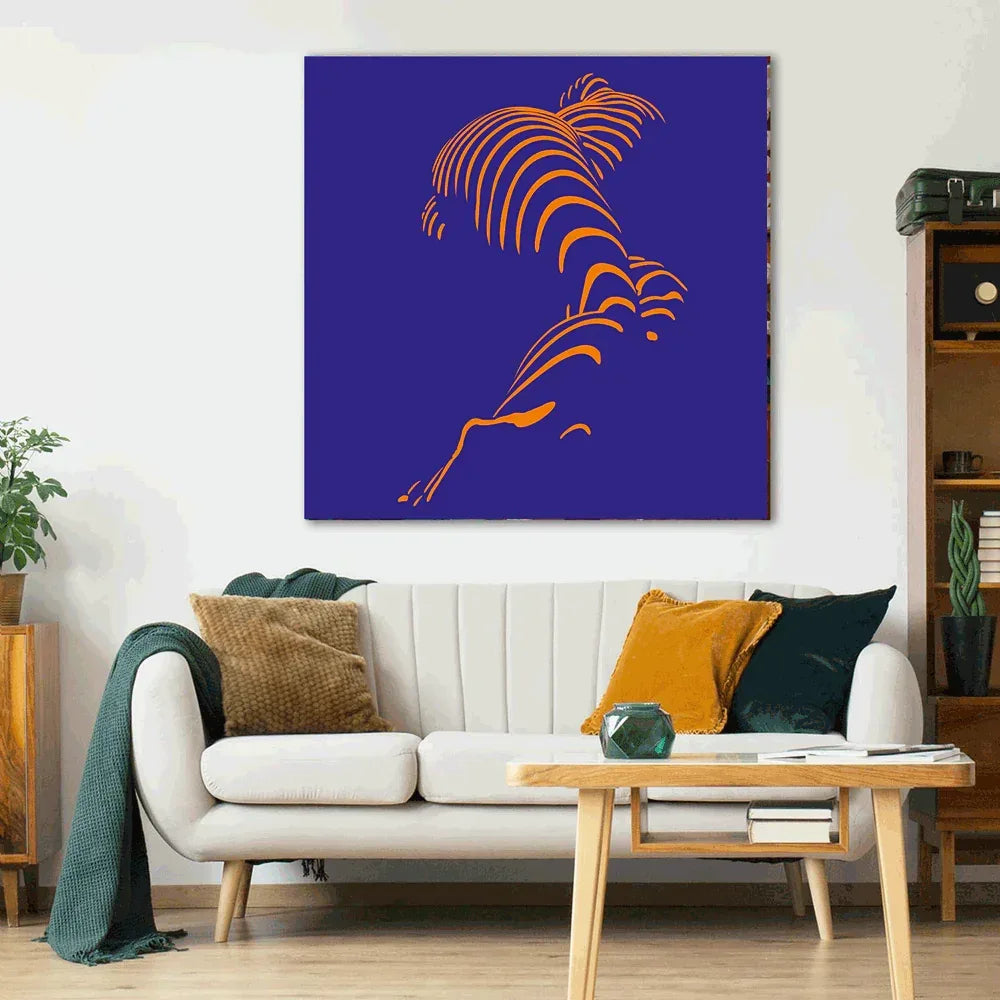 Modern living room with a white sofa, wooden coffee table, and abstract art on the wall.