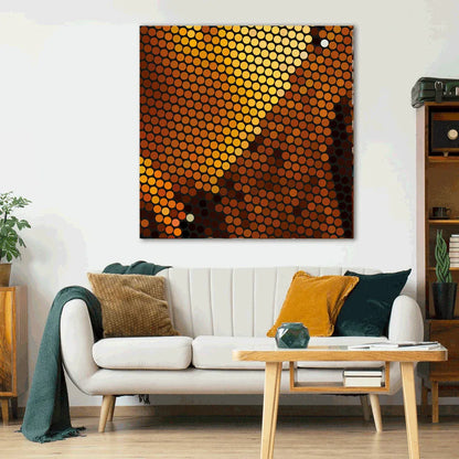 Living room with a white sofa, wooden coffee table, and abstract wall art.