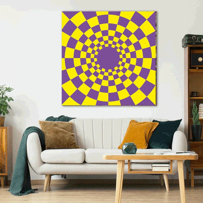 Living room with a white sofa, coffee table, and a large purple and yellow checkered painting on the wall.