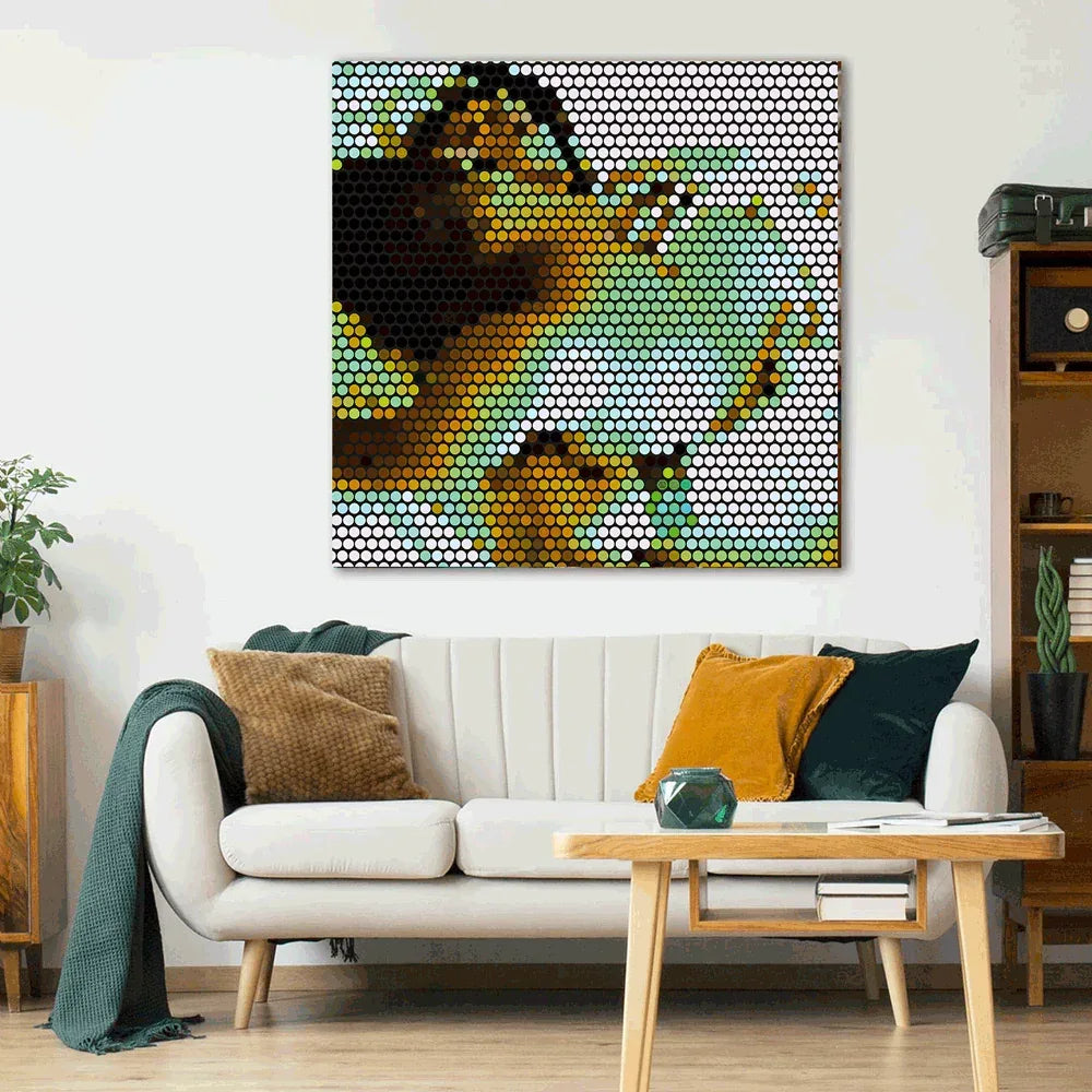 Sofa in a living room with a colorful abstract painting on the wall.