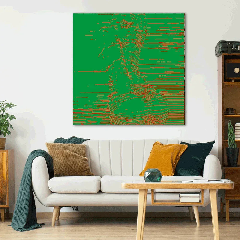 Living room with a white sofa, wooden coffee table, and abstract green and red painting on the wall.