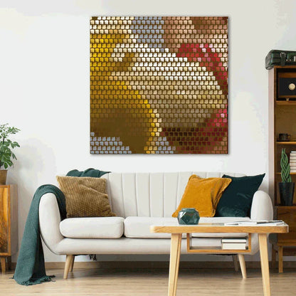 Modern living room with a colorful abstract wall art piece above a white sofa.