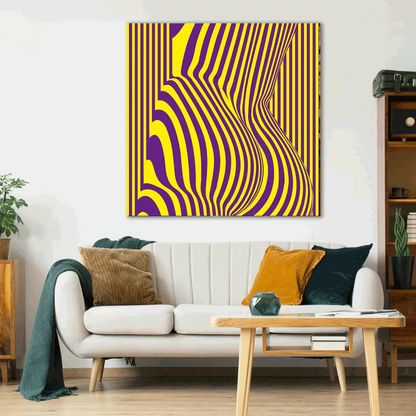 Living room with a white sofa, coffee table, and abstract art on the wall.