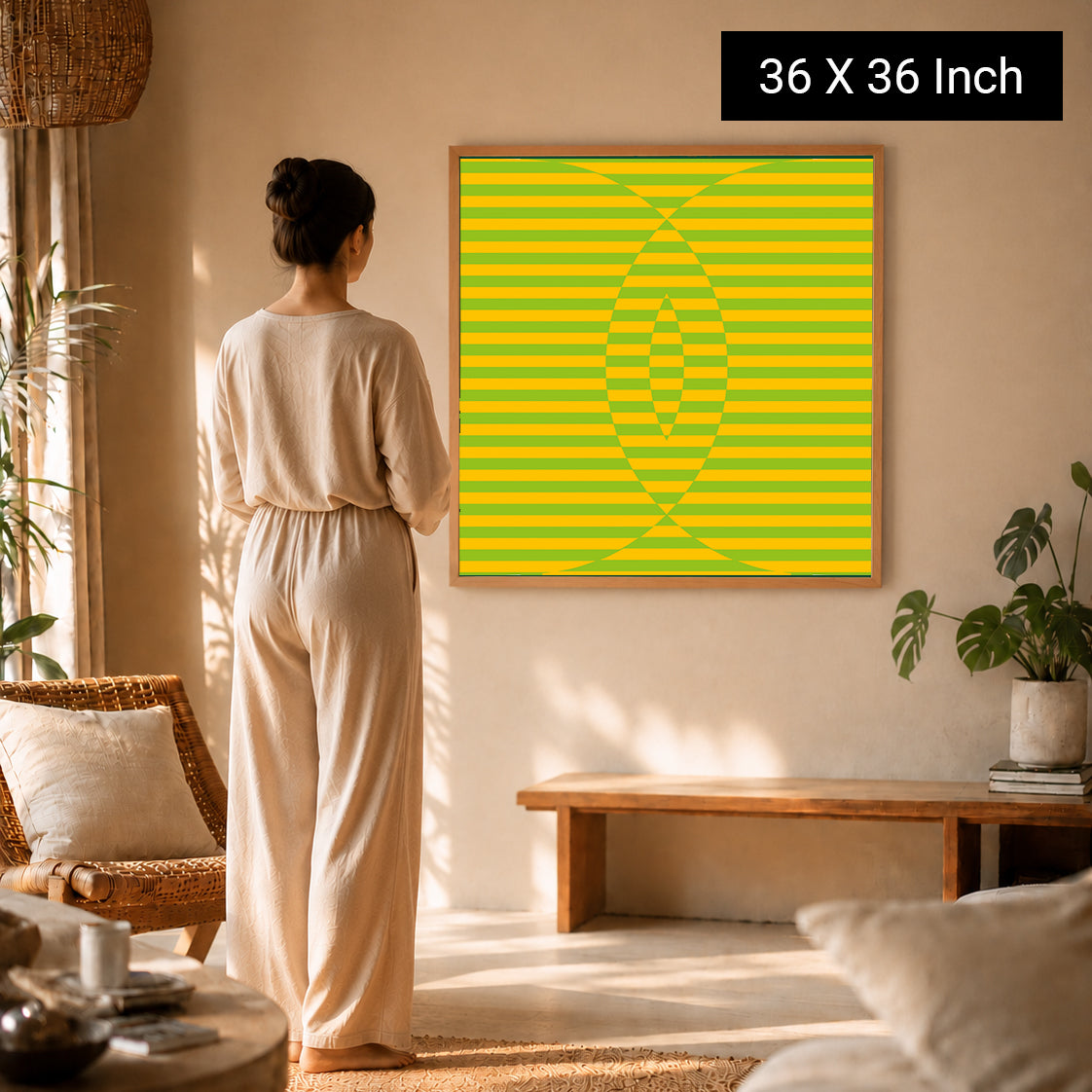 Therapeutic Wall Art by Ilu Art Therapy featuring a vibrant yellow and green striped design, ideal for yoga and meditation sp