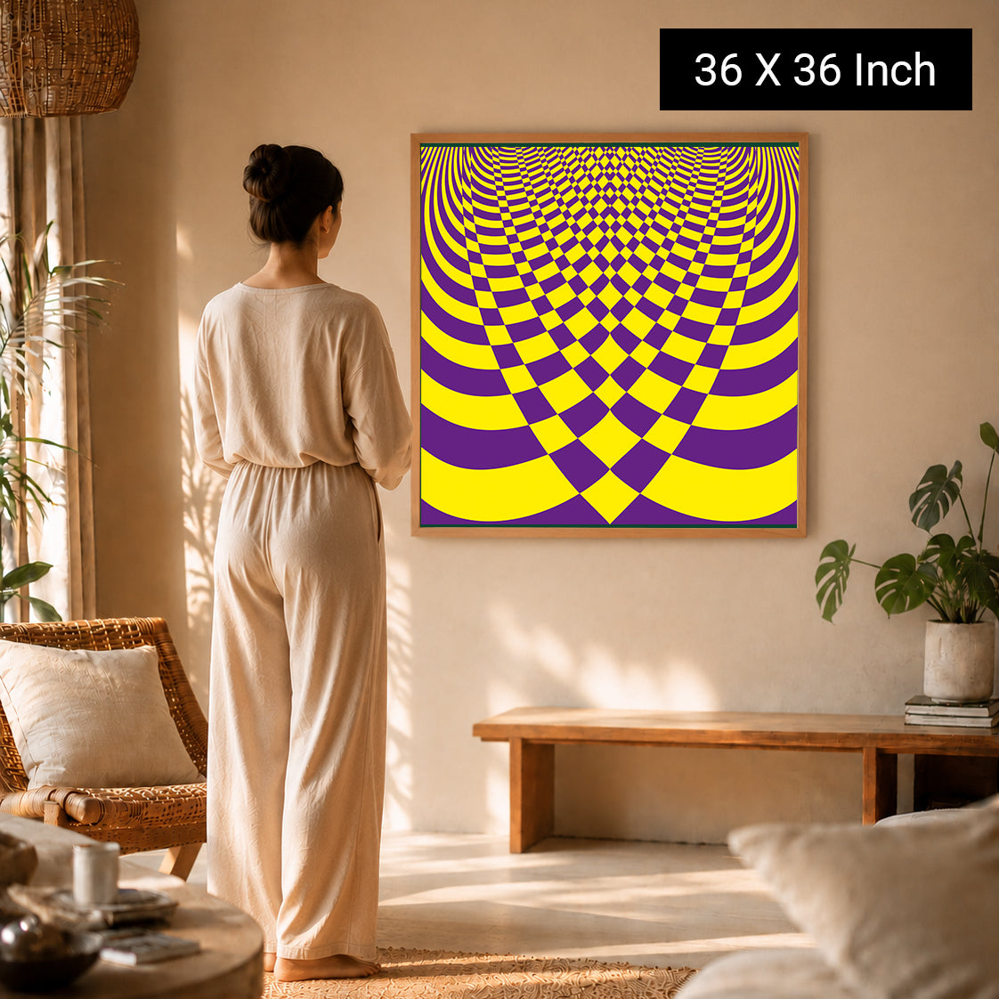 Therapeutic meditation print by Ilu Art Therapy, featuring a vibrant yellow and purple design, displayed in a serene space.