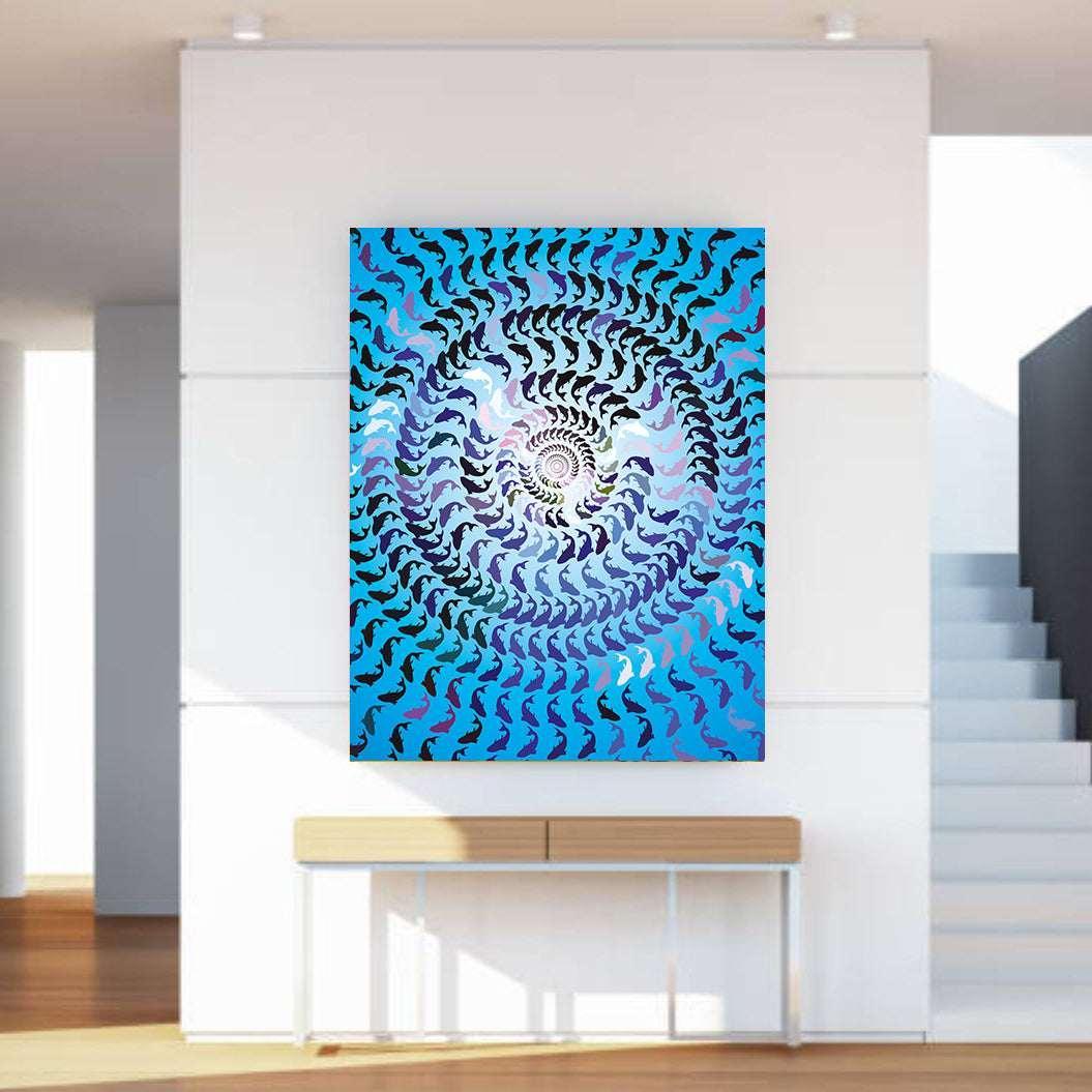Abstract spiral artwork on a wall in a modern interior setting