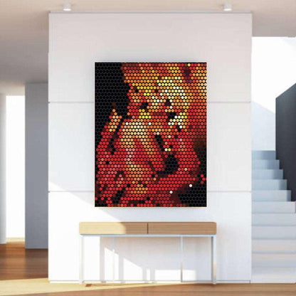 Modern interior with a geometric abstract wall art piece.