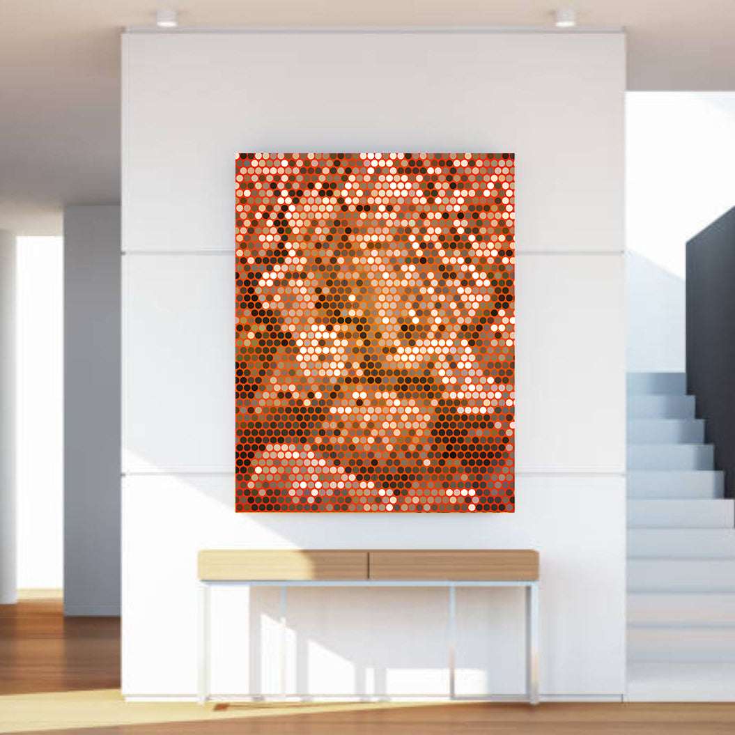 Modern interior with a decorative wall art piece featuring a pattern of interlocking shapes.