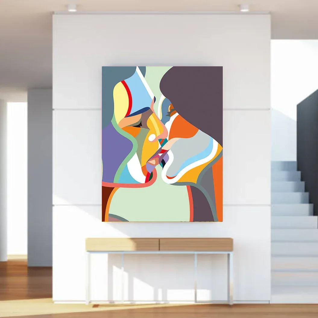 Abstract colorful painting on a wall in a modern interior setting