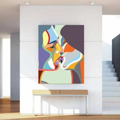 Abstract colorful painting on a wall in a modern interior setting