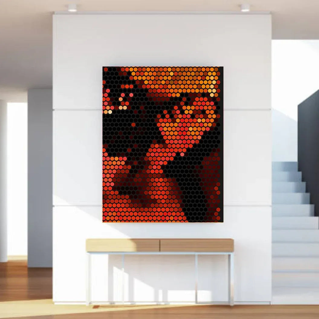 Modern interior with a geometric abstract art piece on a white wall.
