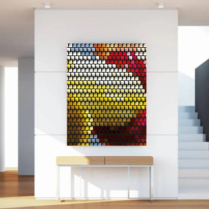 Colorful abstract wall art on a white wall in a modern interior setting.