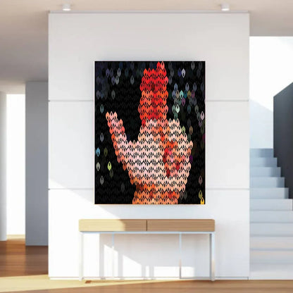 Colorful abstract art piece on a white wall above a wooden console table.