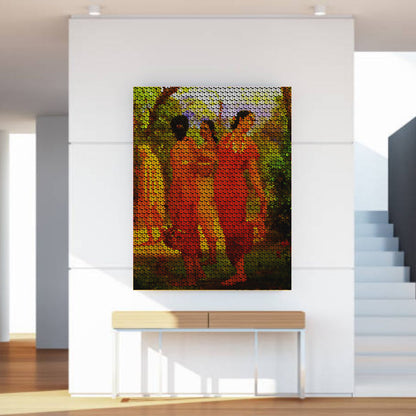 Artistic depiction of three figures in a natural setting on a wall in a modern interior.