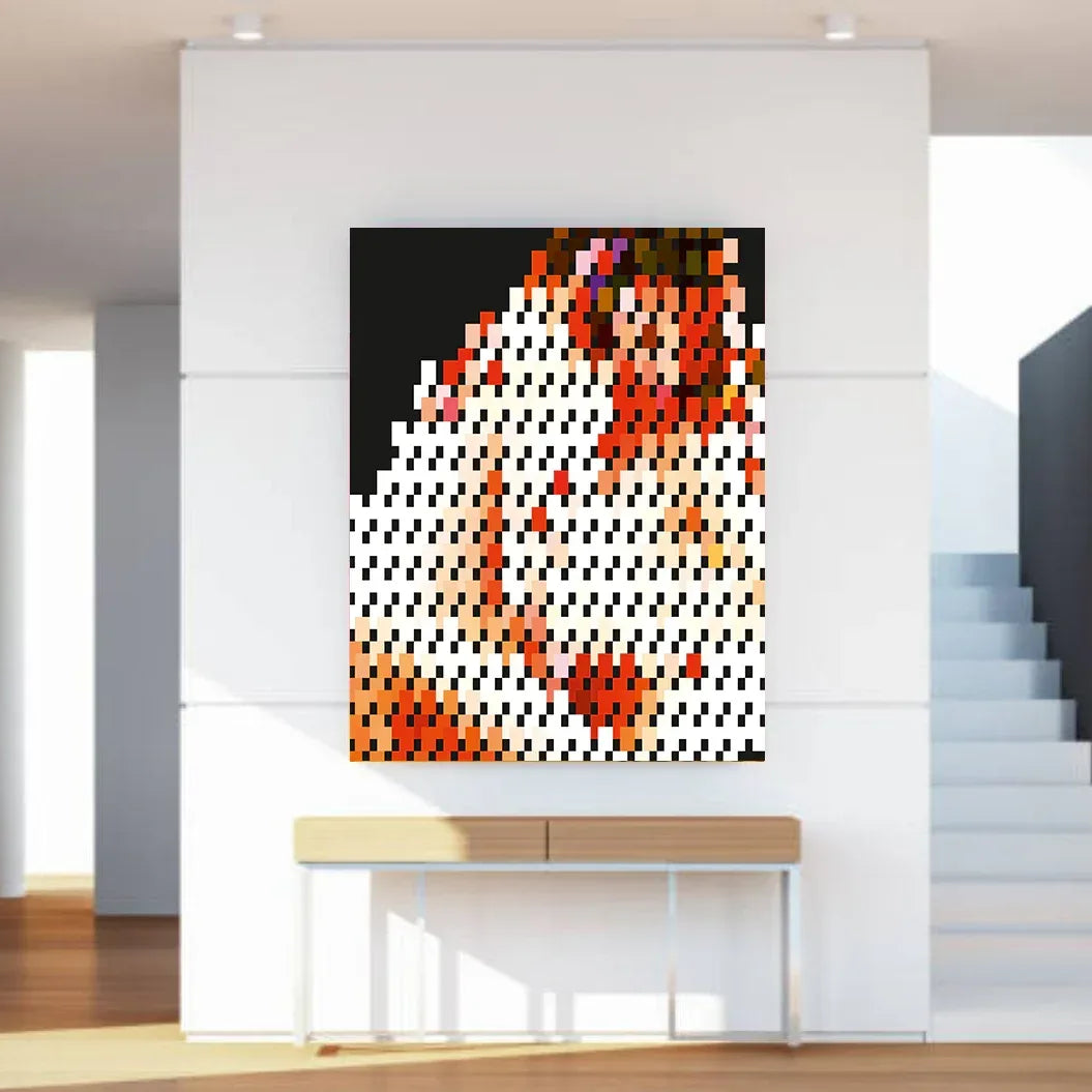 Abstract art piece on a wall in a modern interior setting