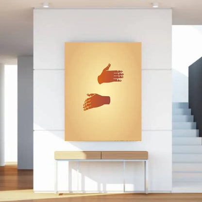 Decorative wall art with red hand illustrations on a gold background in a modern interior setting.