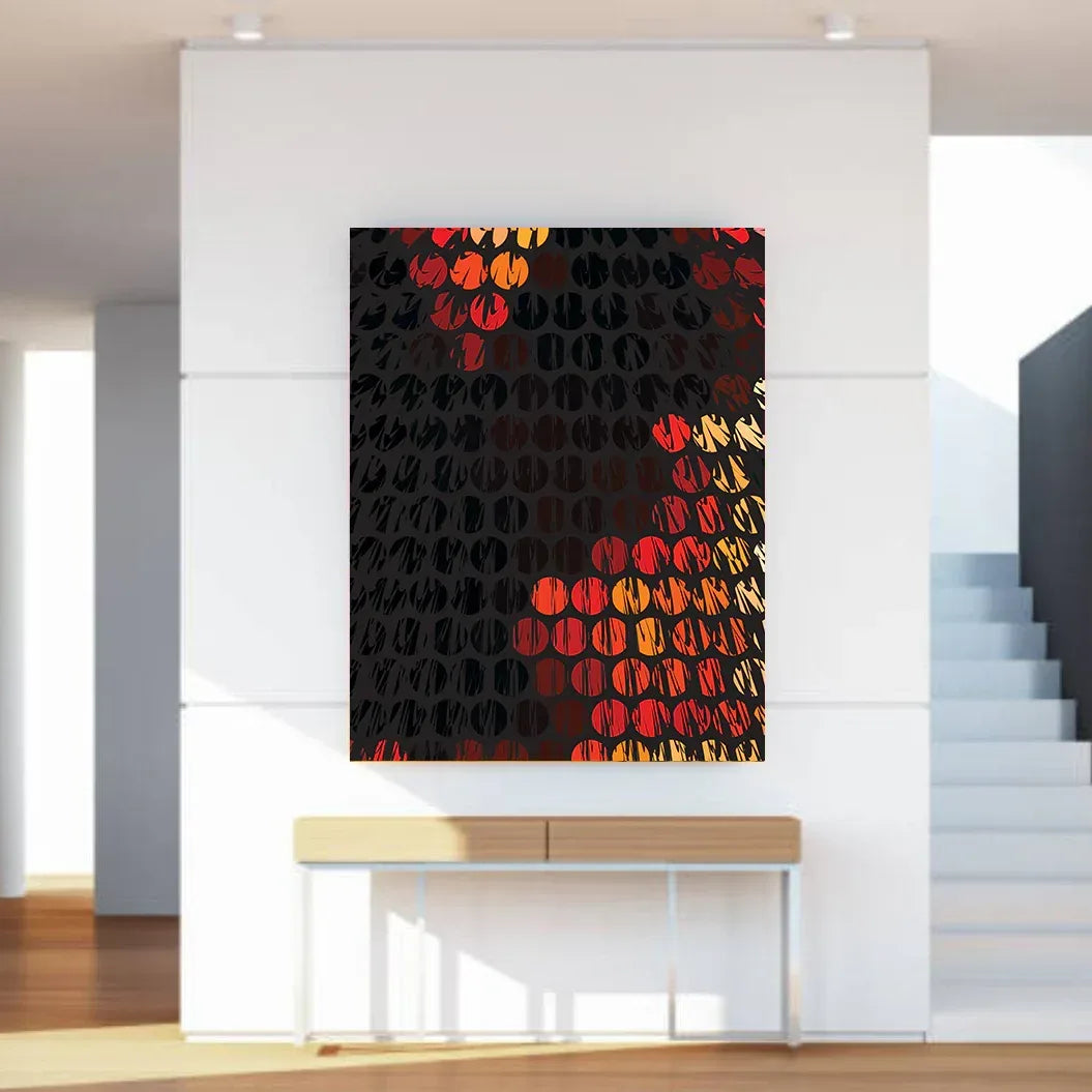 Abstract art piece with red and black patterns on a white wall above a console table.