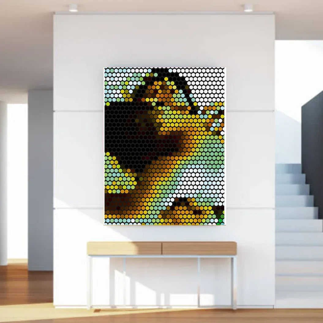 Abstract art piece on a wall in a modern interior setting