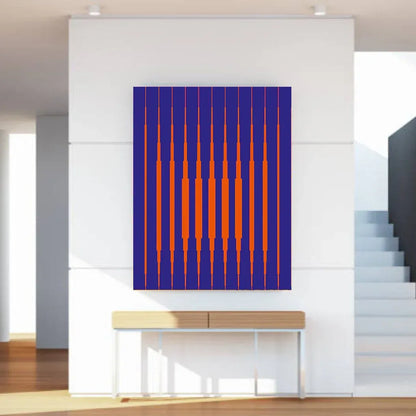Abstract art piece with blue and orange vertical stripes on a white wall.