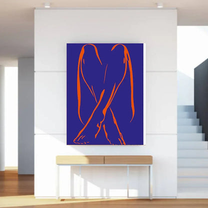 Abstract art piece with orange shapes on a blue background in a modern interior setting.