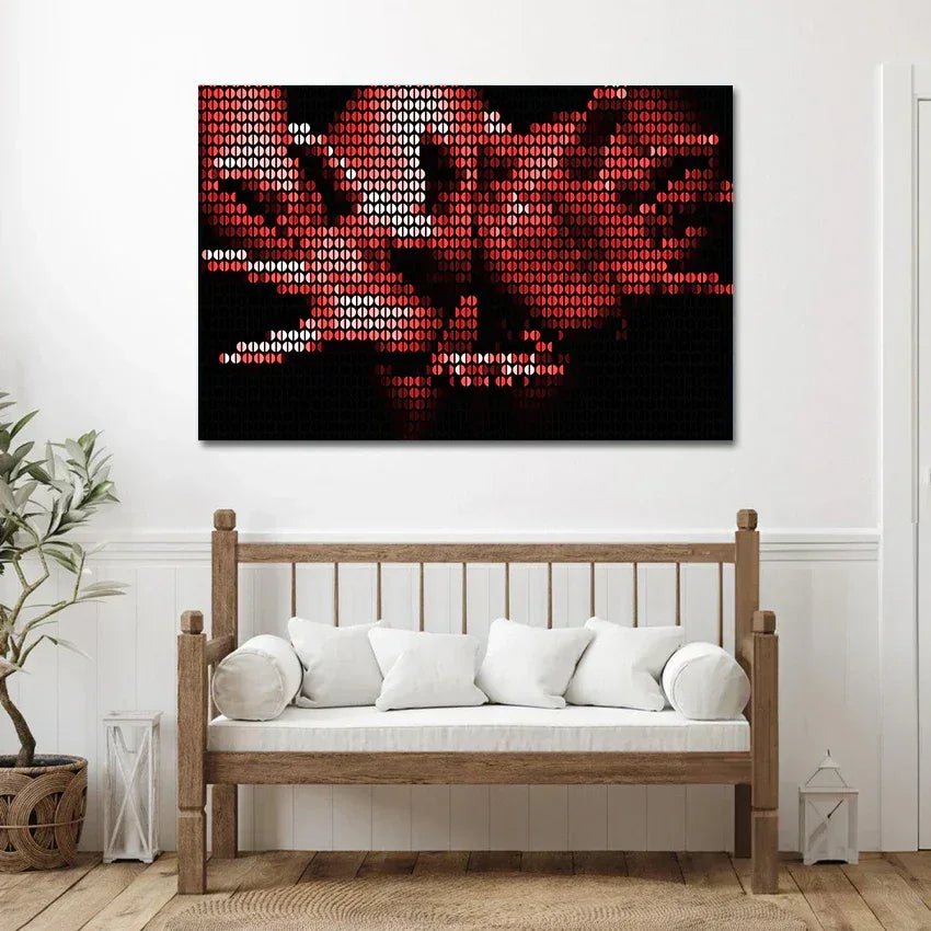 Wooden bench with white cushions in a room with a modern abstract painting on the wall.