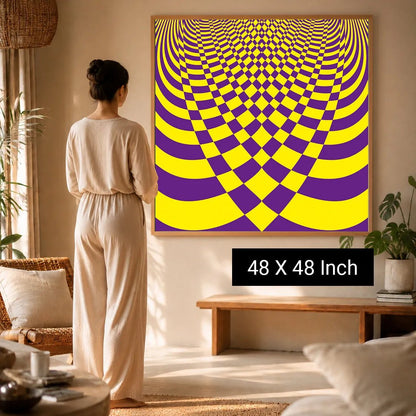 Therapeutic meditation print by Ilu Art Therapy, featuring a vibrant purple and yellow design, displayed in a cozy room.