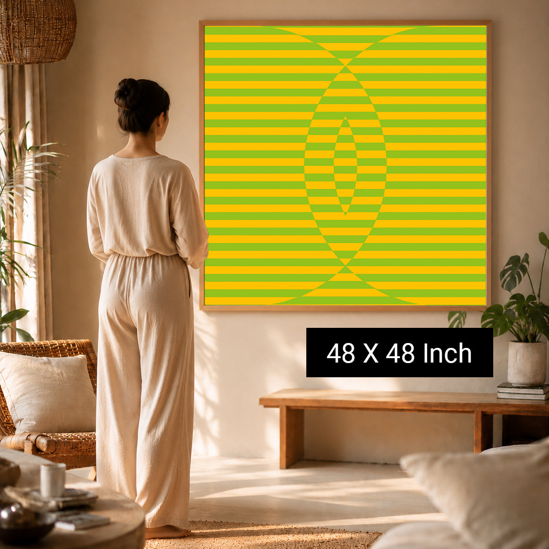 Therapeutic Wall Art by Ilu Art Therapy featuring a vibrant yellow and green striped design, 48 x 48 inches, ideal for yoga a