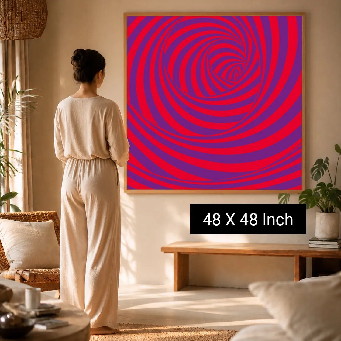 Zen Wall Art – Sacred Geometry Print featuring vibrant swirling patterns, displayed in a serene therapy room setting. 48 x 48