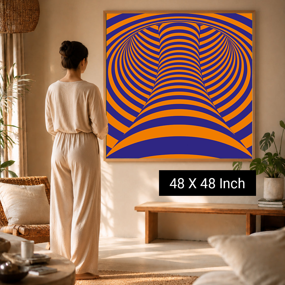 A person stands in a cozy room, admiring a large 48x48 inch Serenity Meditation Art print featuring vibrant orange and purple