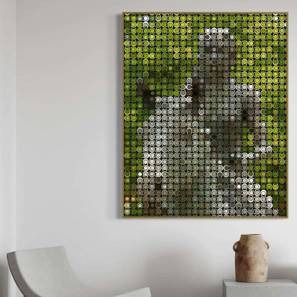 Artistic depiction of a person using bottle caps on a green background, displayed in a room with a chair and vase.