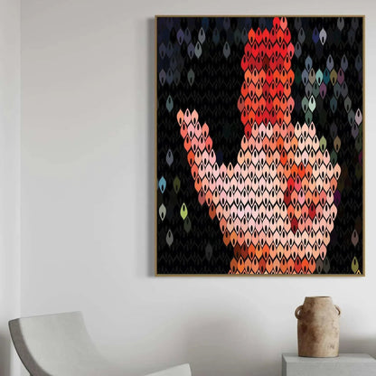 Abstract art piece of a colorful animal shape on a black background, framed and hanging on a wall.