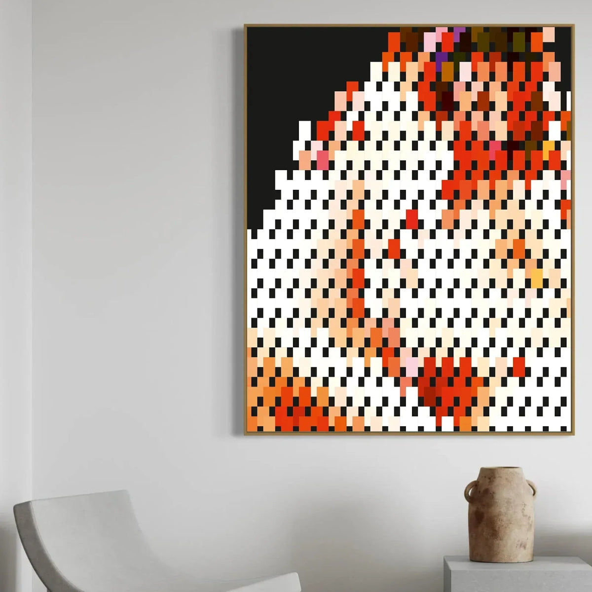 Abstract pixel art painting with geometric patterns on a white wall.