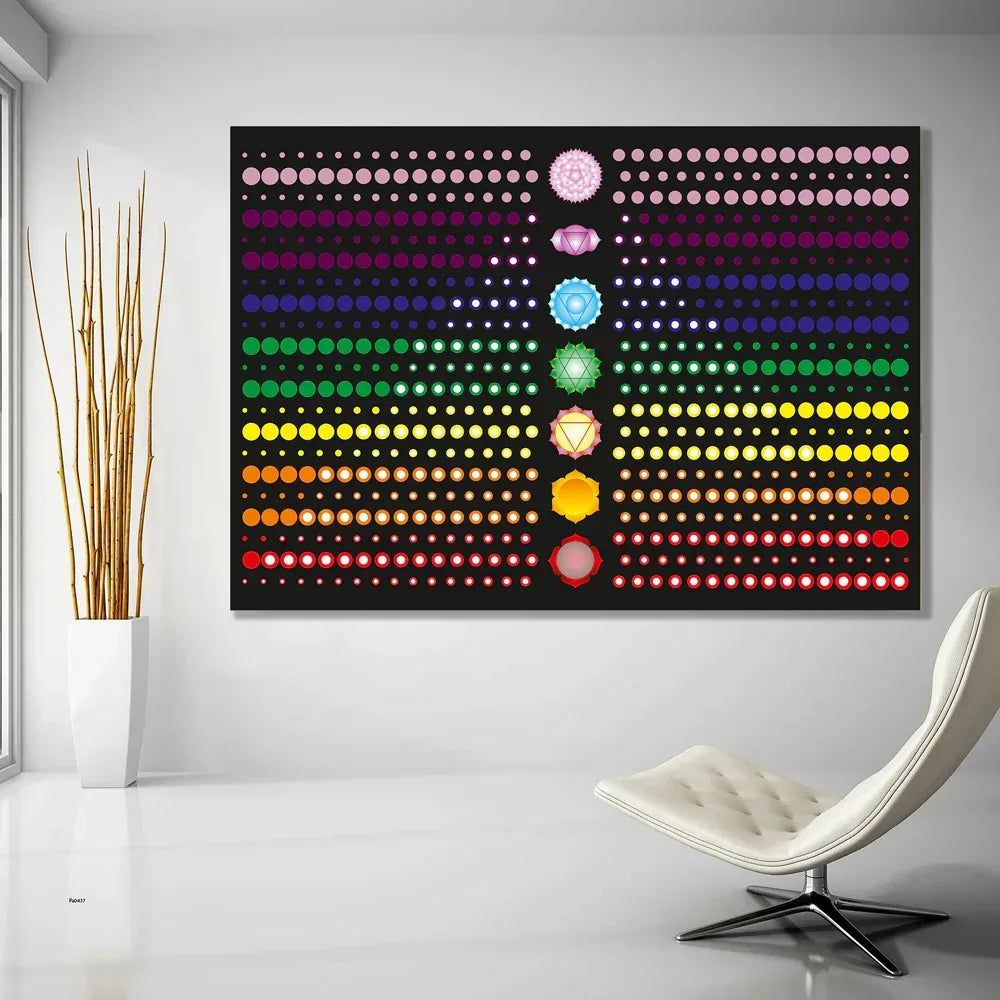 Colorful dot matrix wall art in a modern room with a chair and plant.