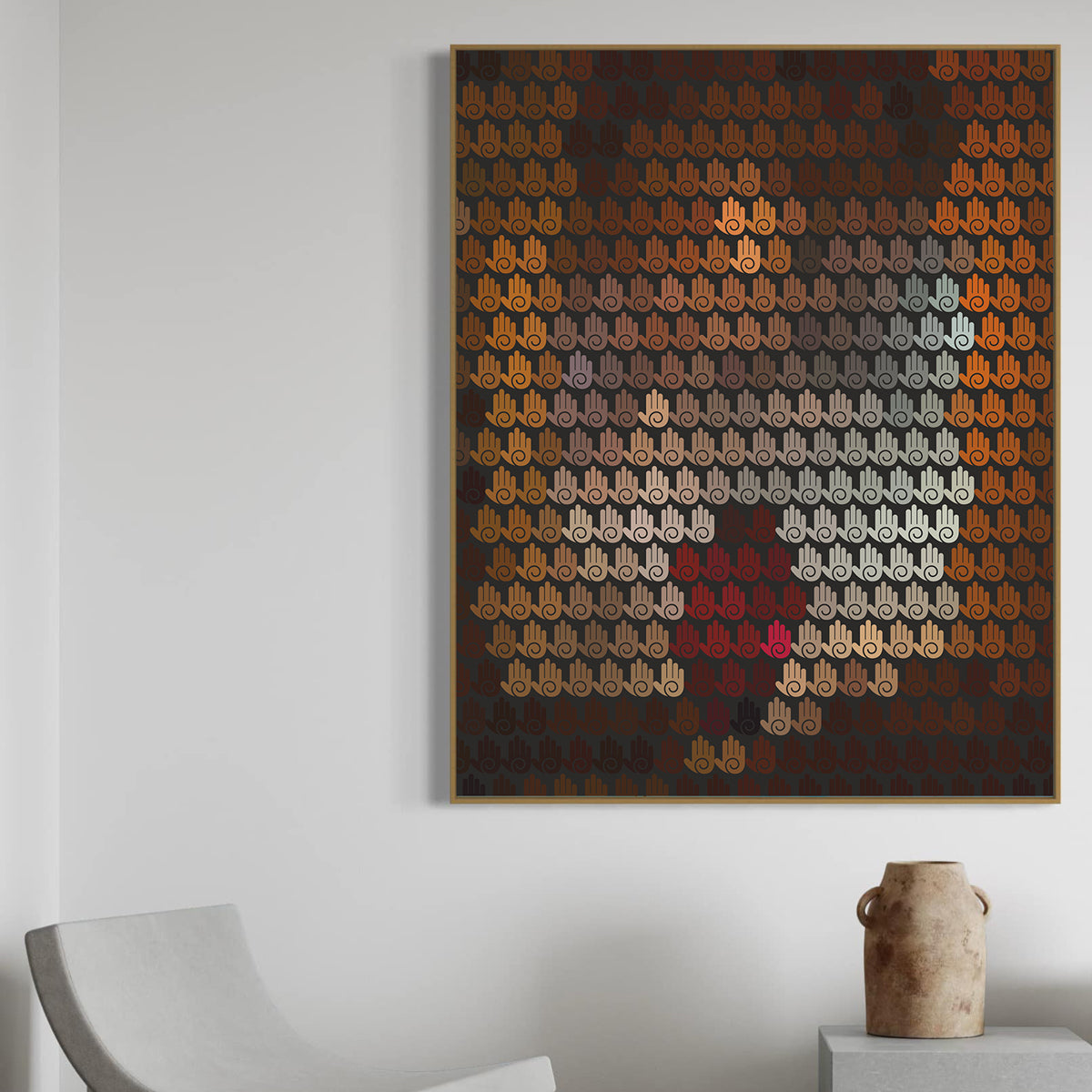 Decorative wall art with a pattern of hands on a plain wall.