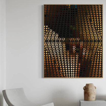 Abstract art piece with geometric patterns on a white wall, featuring a chair and vase in the foreground.