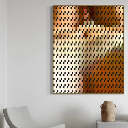 Abstract art piece with geometric patterns on a white wall, featuring a chair and vase in the foreground.