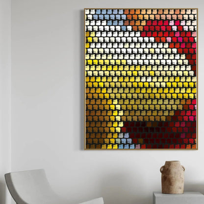 Colorful abstract wall art on a white wall with a chair and vase in the foreground.