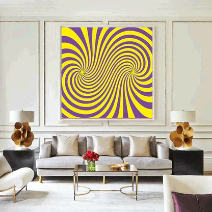 Living room with a large abstract painting of a yellow and purple spiral on the wall.