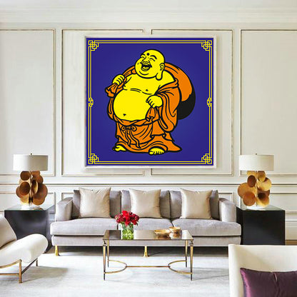Living room with a large framed picture of a laughing Buddha on the wall.