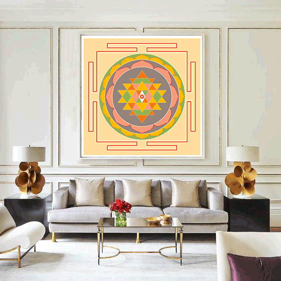 Living room with a large abstract painting on the wall above a sofa.